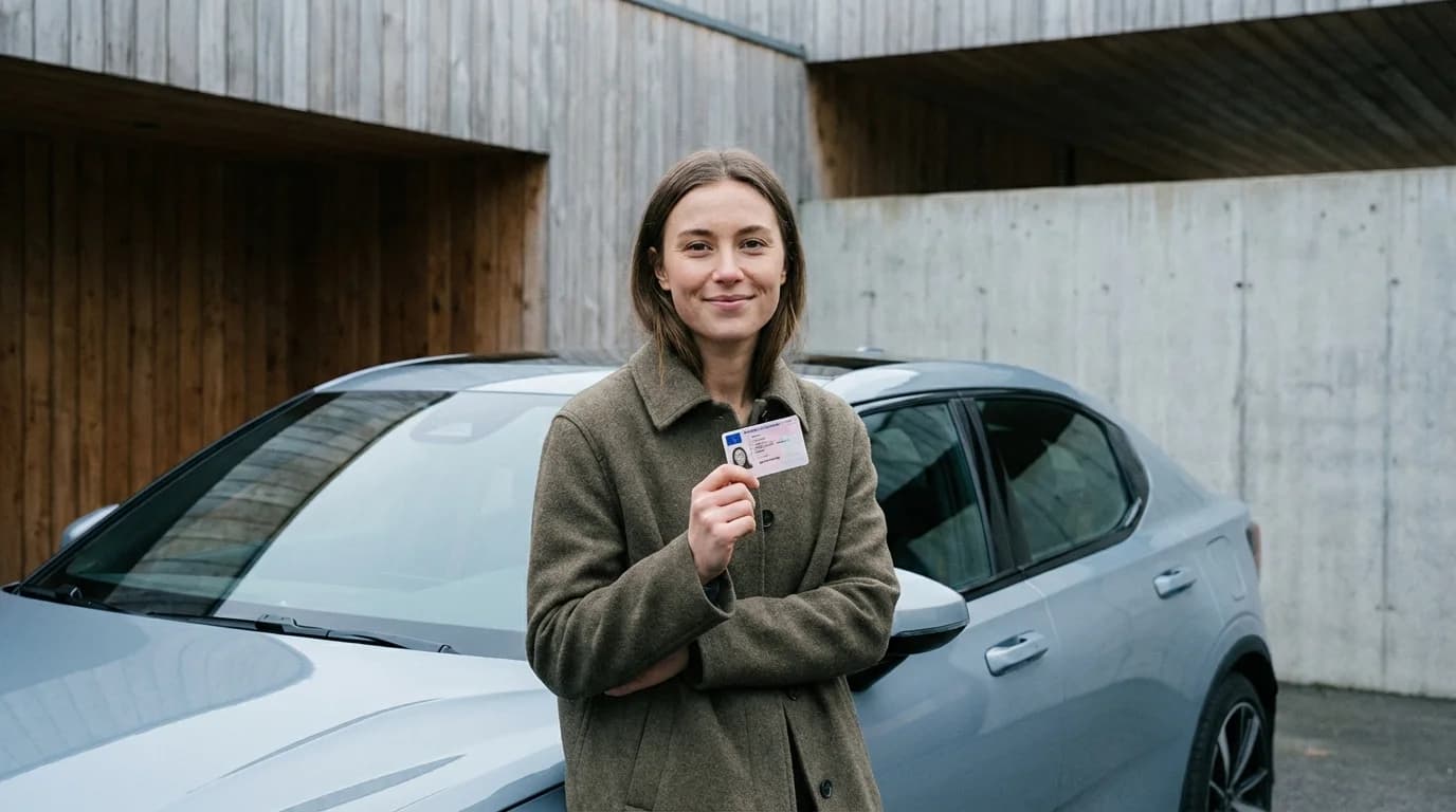 Nyligen godkänd elev visar upp sitt körkort framför bilen